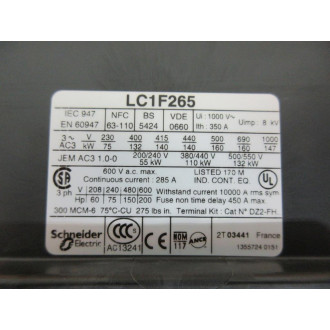 Square D LC1F265 Schneider Electric Contactor Telemecanique Without Lug And Ground Hardware - Used