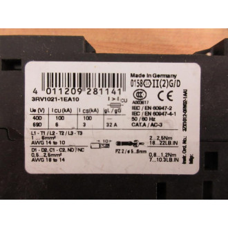 Siemens 3RV1021-1EA10 Circuit Breaker 3RV10211EA10 With 3RV1901-1E - Used