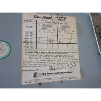 Siemens BOS14321 ITE Switch Plug B0S14321 - Used