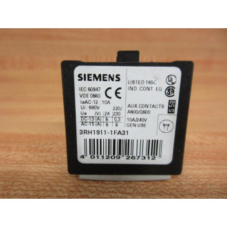 Siemens 3RH1911-1FA31 Auxiliary Switch Block 3RH19111FA31 - Used