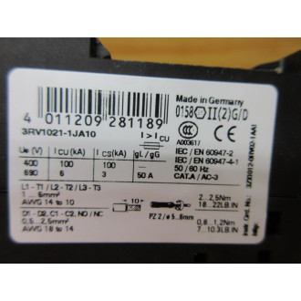 Siemens 3RV1021-1JA10 Circuit Breaker 3RV10211JA10 W3RV1901-1E - Used
