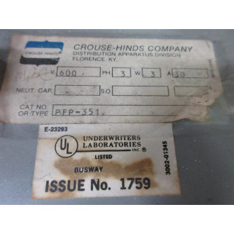 Crouse - Hinds PFP-351 Busway Plug PFP351 - Used