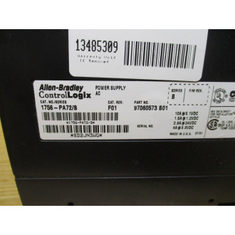 Allen Bradley 1756-PA72 Control Logix 1756PA72 Ser.B Rev.F01, 97060573 - Used
