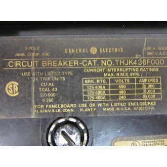 General Electric THJK436F000 Circuit Breaker 400 AMP - Used