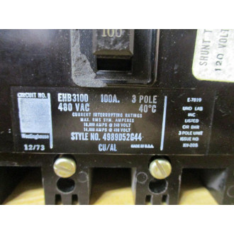 Westinghouse EHB3100 100A Circuit  Breaker 4989D52G44 W Shunt Trip - Used