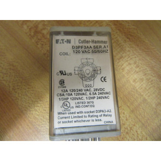Cutler Hammer D3PF3AA-120V AC Eaton Relay D3PF3AA-120VAC - Used