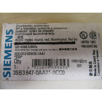 Siemens 3SB3 647-0AA21-0CC0 Push Button Switch