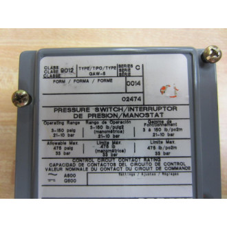 Square D 9012-GAW-5 Pressure Switch 9012GAW5 - Used