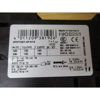 Siemens 3RV1021-0FA15 Circuit Breaker 3RV10210FA15 WRV1901-1E - New No Box