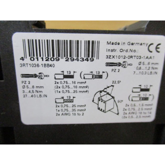 Siemens 3RT1036-1BB40 Contactor 3RT10361BB40 - Used
