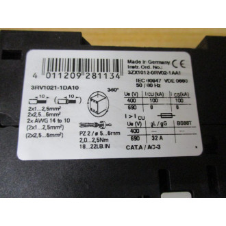 Siemens 3RV1021-1DA10 Circuit Breaker 3RV10211DA10 W 3RV1901-1E - Used