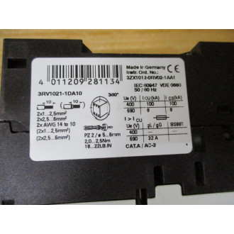 Siemens 3RV1021-1DA10 Circuit Breaker 3RV10211DA10 W3RV1901-1E - New No Box