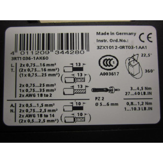 Siemens 3RT1036-1AK60 Contactor 3RT10361AK60 - Used