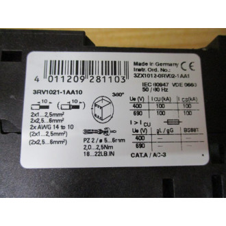 Siemens 3RV1021-1AA10 Relay 3RV10211AA10 W RV1901-1E - New No Box