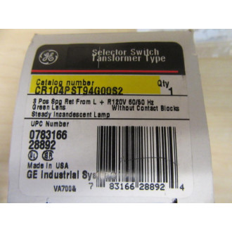 General Electric CR104PST94G00S2 Selector Switch WCR104PXG22