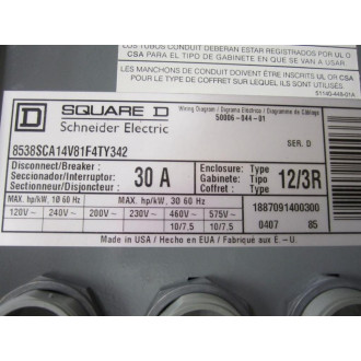 Square D 8538SCA14V81F4TY342 AC Combination Motor Starter Series D