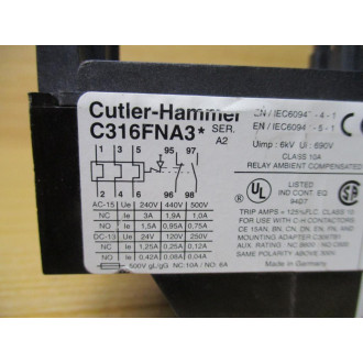 Cutler-Hammer C316FNA3P Thermal Overload Relay 7.5-11 AMP - Used