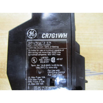 General Electric CR7G1WH Overload Relay CR7G1WH 1.9-2.7 Amps - New No Box