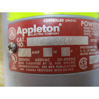 Appleton ACP1034CD Clamping Ring Plug WO Rubber Cord Grip - New No Box