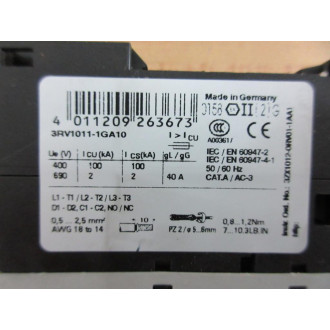 Siemens 3RV1011-1GA10 4.5-6.3A Contactor 3RV10111GA10 - Used