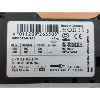 Siemens 3RV1-011-0JA10 Circuit Breaker 3RV10110JA10 With 3RV1901-1E - Used