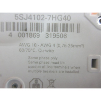 Siemens 5SJ4102-7HG40 Circuit Breaker - New No Box