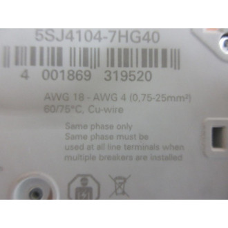 Siemens 5SJ4104-7HG40 Circuit Breaker - New No Box