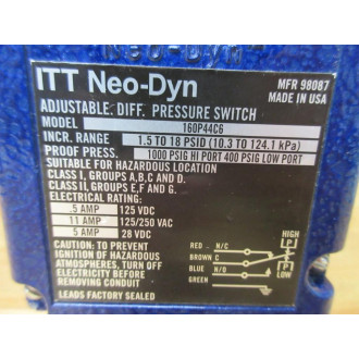 ITT Neo-Dyn 160P44C6 Adjustable Differential Pressure Switch - New No Box