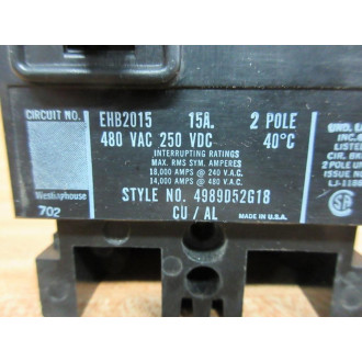 Westinghouse 4989D52G18 Circuit Breaker 15A 2P - New No Box