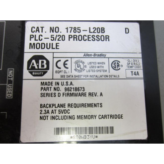 Allen Bradley 1785-L20B Processor Module 96218673 Ser.D FW Rev.A  WKey - Used