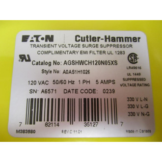 Cutler Hammer AGSHWCH120N05XS Eaton Surge Supressor - New No Box