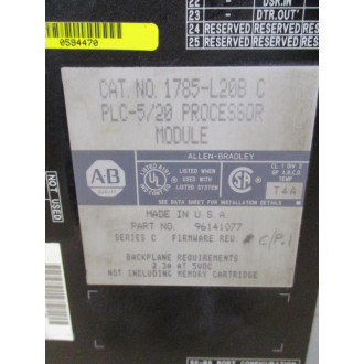 Allen Bradley 1785-L20B Processor Module 96141077, Ser. C - Used