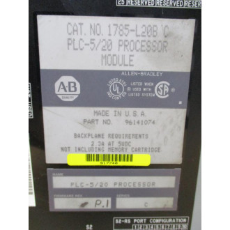 Allen Bradley 1785-L20B Processor Module 96141074, Ser. C - Used