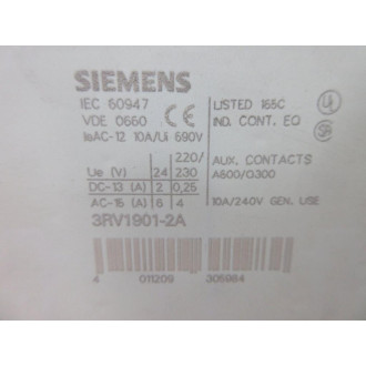 Siemens 3RV1901-2A Auxiliary Contact Block 3RV19012A