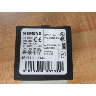 Siemens 3RH1911-1FA40 Auxiliary Contact 3RH19111FA40 - New No Box