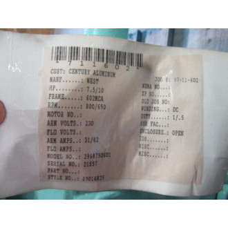 Westinghouse 296B75CG02-7 Motor 296B75CG027 Job: 97-11-602 - Refurbished