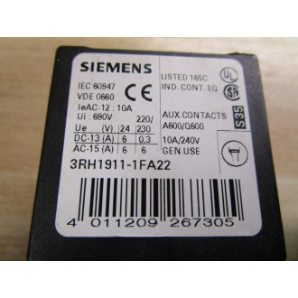 Siemens 3RH1911-1FA22 Auxiliary Contactor 3RH19111FA22 - New No Box