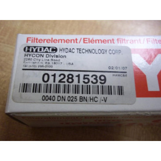 Hydac 01281539 Filter Element 0040 DN 025 BNHC -V 1281539