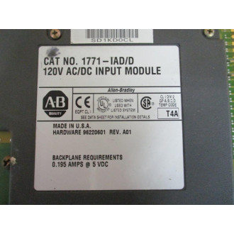 Allen Bradley 1771-IAD Input Module Ser.D, HW 96220601 Rev.A01 - Used