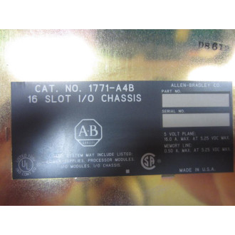 Allen Bradley 1771-A4B 16 Slot IO Chassis 1771A4B 16A @ 5.25VDC - Used