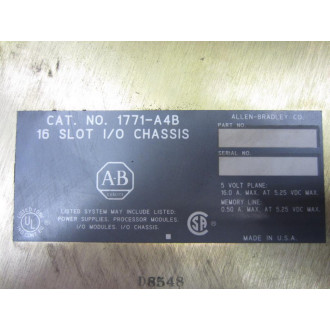 Allen Bradley 1771-A4B 16 Slot IO Chassis 1771A4B 16A @ 5.25VDC - Used