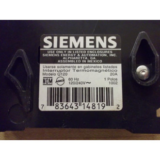 Siemens ITE Q120 Circuit Breaker 20A Type QP 1 Pole - Used