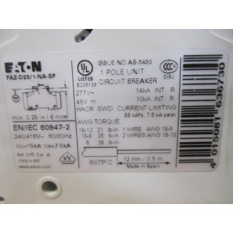 Cutler Hammer FAZ-D201-NA Eaton Circuit Breaker FAZ-D20-1-NA-SP - New No Box