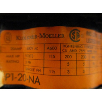 Klockner Moeller P1-20-NA Eaton Disconnect Switch P120NA - Used