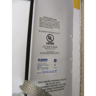 Klassen K-3227 Cut-out Box K3227 Type 12 Enclosure 10x6x4 - New No Box