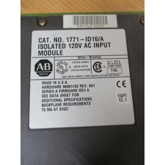 Allen Bradley 1771-ID16 Module Ser.A, FW Rev A,HW 96091432 Rev.B01 - Used