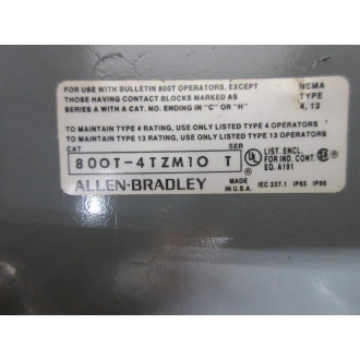 Allen Bradley 800T-4TZM10 Push Button Enclosure 800T4TZM10 - Used