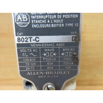 Allen Bradley 802T-C 802TC Oilight Limit Switch Series D Painted W Damaged Boot - Used