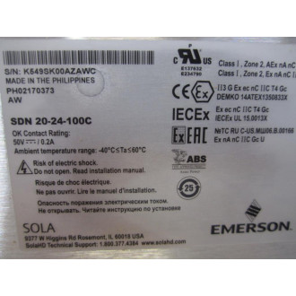 Emerson SDN 20-24-100C Sola Power Supply SDN2024100C