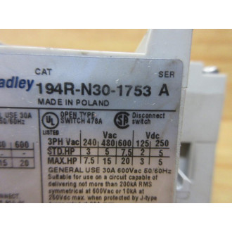 Allen Bradley 194R-N30-1753 Disconnect Switch 194RN301753 - Used